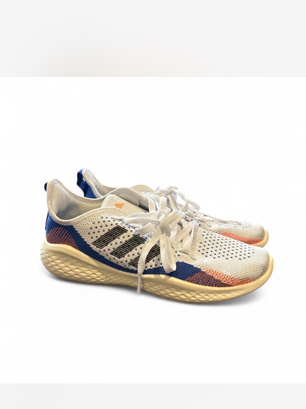 adidas mens White Knit Running Shoes with Blue & Orange Accents